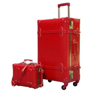 Imagem de urecity Conjunto De Mala Leve Com Design Vintage, Duas Peças, Inclui Uma Bolsa Grande E Luxuosa, Estilo Baú Retrô (66 Cm + 30 Cm), Vermelha