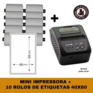Imagem de Mini Impressora Bluetooth + 10 Rolos Etiqueta Adesiva 40x60 - 58MM