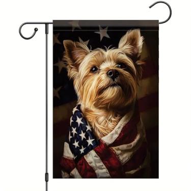 Imagem de Starlit Patio Bandeiras patrióticas de jardim para cães Yorkie 4 de julho 30 x 45 dupla face para decoração de gramado de quintal externo 4 de julho, decorações ao ar livre para o Dia da Independência