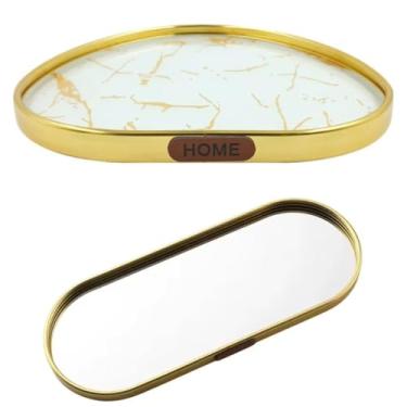 Imagem de Kit de Bandejas Decorativas com Espelho Multiuso Oval Espelhada Decoração Sala Mesa Metal 20 cm com Fundo de Vidro e Plástico com Espelho 30x12 cm Premium