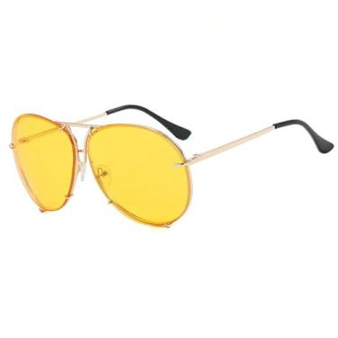 Imagem de Óculos de sol redondos grandes retrô femininos, armação de metal luxuosa, moda masculina, UV400 (amarelo dourado)