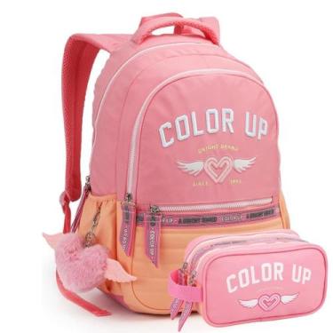 Imagem de Kit Mochila Costas 18 Color Up Estojo Duplo Escolar Rosa - Seanite