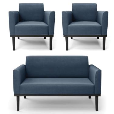 Imagem de Sofá Namoradeira E 2 Poltronas Base Madeira Preto Maressa Suede Azul Marinho - Ibiza