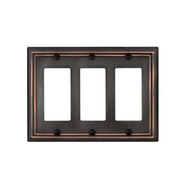 Imagem de ZILLSEA Pacote com 1 placa de parede decoradora tripla, capas decorativas de bronze envelhecido, placa de metal para receptáculos, interruptores reguladores, tomadas GFCI, 17 x 12 cm, tamanho médio