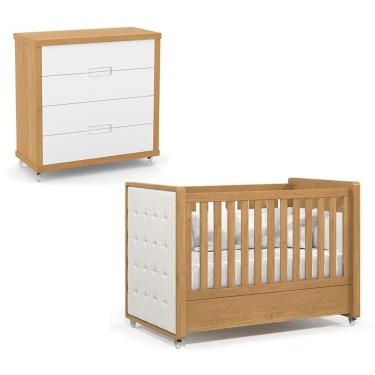 Imagem de Berço Americano com Capitonê New Boucle e Cômoda Gaveteiro Infantil Tutto New Freijó -...