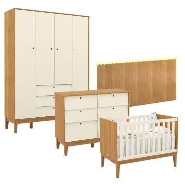 Imagem de Quarto de Bebê Unique 4 Portas com Cômoda 6 Gavetas e Painel Farm com Led Freijó Off White Eco Wood - Matic