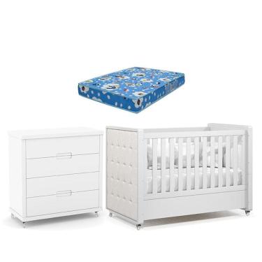 Imagem de Berço Americano com Capitonê New Boucle e Cômoda Gaveteiro Infantil Tutto New Branco Acetinado e Colchão Ortobom - Matic