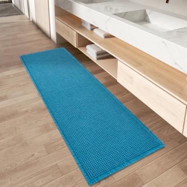 Imagem de Tapete de banheiro AMOAMI quadriculado, atualizado, superabsorvente, antiderrapante, lavável na máquina, passadeira com franjas, ideal para corredor, quarto, lavanderia, 43 x 152 cm, verde-azulado