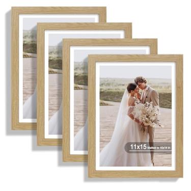 Imagem de Hongkee Conjunto de 4 porta-retratos de 28 x 38 cm, feito de vidro real e moldura de carvalho natural – imagem de exibição 25 x 35 com tapete ou 28 x 38 sem tapete, foto de 28 x 38 cm para montagem na
