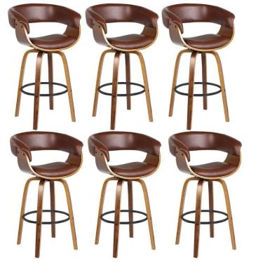 Imagem de Kit 6 Banquetas Giratória Alta Com Encosto Base Madeira Ravi R02 Sintético Marrom - Mpozenato