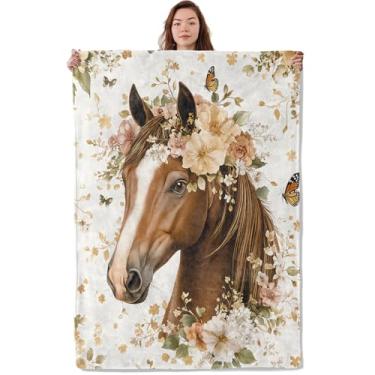 Imagem de UNDAHIS Manta de cavalo floral bonita, macia, quente, aconchegante, vintage, animal, presentes para adultos, crianças, mulheres, cobertores de flanela leve e confortável para sofá, viagem, cama