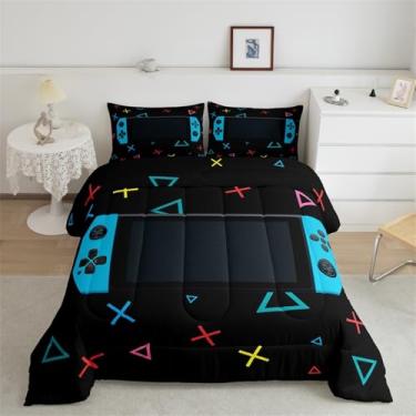 Imagem de Feelyou Conjunto de edredom gamer para meninos, quarto, crianças, jogos de cama, videogame, edredom, tamanho duplo, cortina, triângulo geométrico, círculo, conjunto de edredom acolchoado com