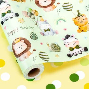 Imagem de Yarcony Rolo de papel de embrulho reversível para chá de bebê, papel de embrulho verde para bebê, zebra e leão adorável para presente de aniversário neutro, chá de bebê, meninos e meninas (43 cm x 33