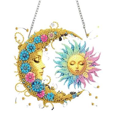 Imagem de ARPADAMO Kit de pintura de diamantes pendurados DIY Kit de pingente de sol e lua para adultos, kit de pintura de diamantes acrílicos de 18 x 18 cm, ornamento especial de diamante de cristal para