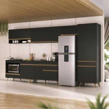 Imagem de Cozinha Modulada Completa 357cm 6 Peças com Balcão para Cooktop Veneza Multimóveis Mp2277 Preto/dourado