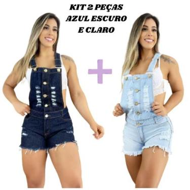 Imagem de Kit 2 Jardineiras Macaquinho Feminino Adulto Jeans Verão Casual Cintur
