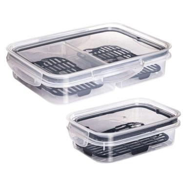Imagem de Kit hermético porta frios 2 divisórias com escorredor + pote 500ml  com escorredor preto Plasutil