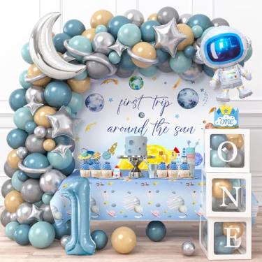 Imagem de Winrayk 156 Peças Decorações De Primeira Viagem Ao Redor Do Sol Decorações De Primeiro Aniversário Para Menino, Uma Caixa Pano De Fundo Toalha De Mesa Chapéu Folha Balão Topo De Bolo, Espaço Galáxia D