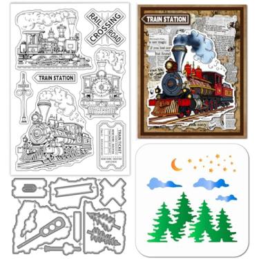 Imagem de GLOBLELAND Bilhetes retrô de trem, carimbos transparentes, matrizes de corte, estênceis de pintura de PET para fazer cartões, árvore ferroviária, carimbo de silicone, cenário de metal, estênceis de