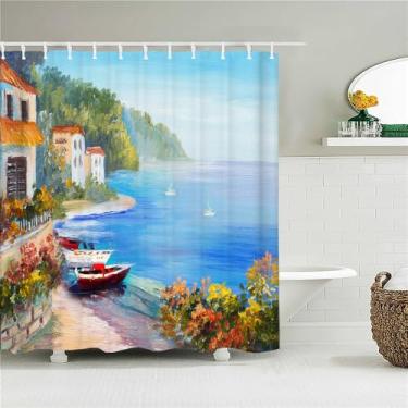 Imagem de Cortina de chuveiro de floresta decoração tecido cortinas de banheiro pintura a óleo paisagem tela de banho com 12 ganchos, JK4464, L90 x A180 cm