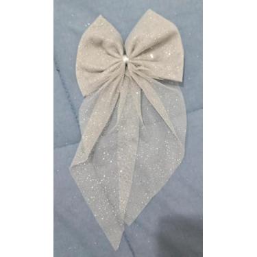 Imagem de Laço de Cabelo em Tule com Brilho, Design Borboleta, Presilha Bico de Pato, para Festas e Eventos (Cinza)