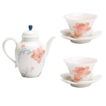 Imagem de Conjunto de chá de gongfu pintado à mão boutique – design de peônia beijada com orvalho em porcelana branca pura, inclui mini bule de chá, Gaiwan, xícaras de chá e pires, conjunto de presente para