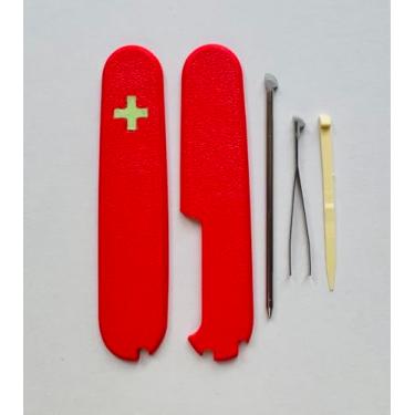 Imagem de Capas de substituição para balanças Victorinox mais alças de plástico de 91 mm com pinça de palito e caneta esferográfica cruz brilhante (vermelha)
