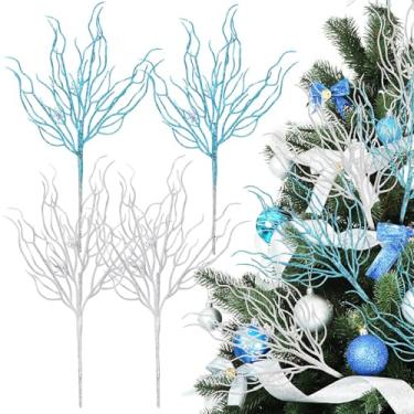 Imagem de Vercraft Vercraft 8 peças de enfeite de palheta de árvore de Natal azul branco em spray coral 39,9 cm com glitter ramo do oceano costeiro galhos de enchimento de árvore de Natal ornamentos de natal