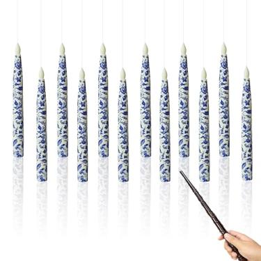 Imagem de Velas flutuantes com varinha, velas mágicas penduradas, velas flutuantes de LED sem chamas com controle remoto operado por bateria azul e branca, luz cintilante para decoração de festa de aniversário