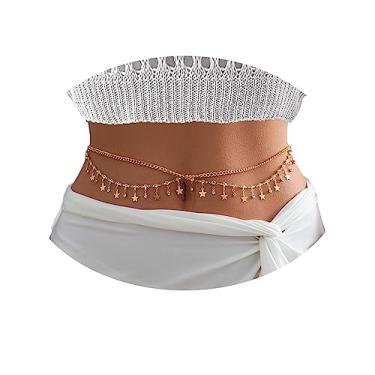 Imagem de Corrente de barriga ondulada sexy com strass de 78 a 91 cm para mulheres e meninas corrente de cintura banhada a ouro 18 K ajustável para o verão, praia, biquíni, corrente corporal, joia de estômago, borboleta, concha de estrela, Medium, Liga metálica, Strass