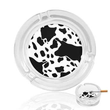 Imagem de Cinzeiro de vidro de cristal com estampa de vaca preto e branco, redondo, resistente, cinzeiro para fumar, portátil, decorativo, moderno, para uso em casa, escritório, interior, exterior, pátio