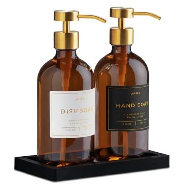 Imagem de Lusspa Dispensador de sabonete de loção, mãos e louça para pia de cozinha - Conjunto de 2 garrafas de vidro de 500 ml com bomba de aço inoxidável, 15 etiquetas à prova d'água e bandeja de silicone