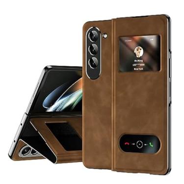 Imagem de HAOMRIYL Capa de couro para Samsung Galaxy Z Fold 7, Smart Small Screen View Flip Protection Cover Holder Kickstand Full Body à prova de choque, marrom, dobra 7