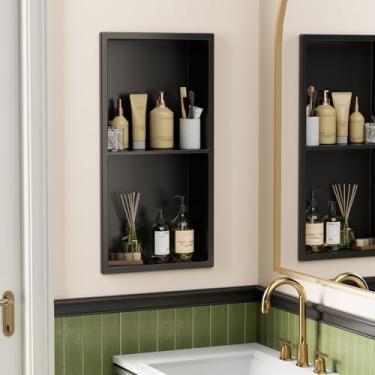 Imagem de ACEMIRO Armário de remédios embutido de 28 x 58 cm, armário de remédios preto sem espelho, armário de nicho de parede de banheiro de aço inoxidável 304 com 2 camadas para banheiro, sala de estar