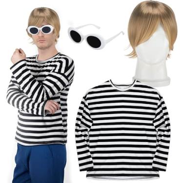 Imagem de Mepase 3 Pcs Rock Punk Band Men's Halloween Costumes Blonde Men's Midi Wigs Black & White Striped Round Neck Long Sleeve Pullover White Oval Glasses for Halloween