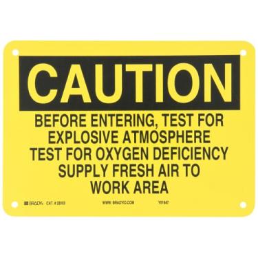 Imagem de Brady 22053 Plástico, 17,8 cm x 25,4 cm Legenda de advertência, Antes de entrar, teste de atmosfera explosiva, teste para deficiência de oxigênio, fornecimento de ar fresco para área de trabalho"