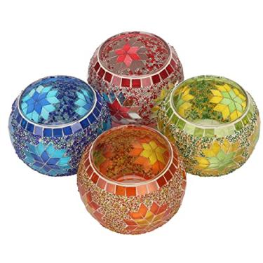 Imagem de Depisuta 4 peças de suporte para velas votivas para velas de chá, suportes para velas de vidro em mosaico colorido, castiçal vintage em formato de copo de vidro, enfeite de mesa