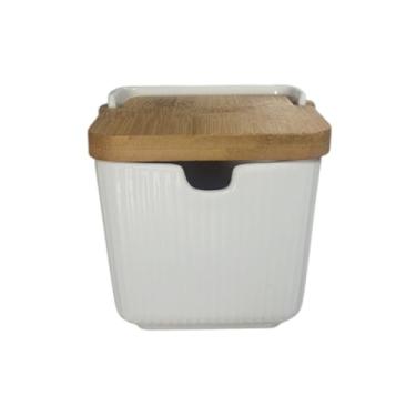 Imagem de Saleiro Em Cerâmica Branca Com Tampa de Bambu Com 300ml Porta Sal
