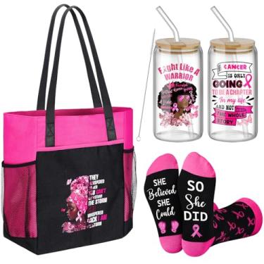 Imagem de Sanwuta Conjunto de 3 peças de presentes para sobreviventes de câncer de mama para mulheres negras - sacola de grande capacidade, 473 ml, copos de vidro, meias para mulheres negras, acessórios de