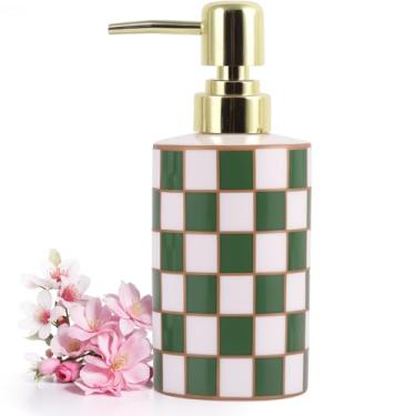 Imagem de Dispensador de sabão de banheiro quadriculado, dispensador de sabão de cerâmica com bomba dourada, garrafa vazia de tabuleiro de xadrez para cozinha, organizador de armazenamento de bancada de banho