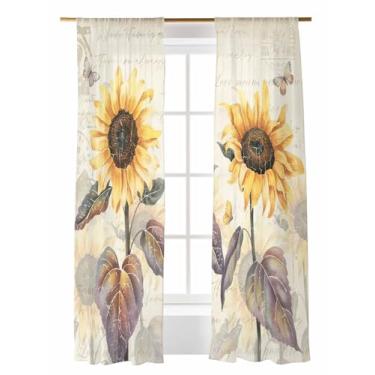 Imagem de Cortinas transparentes vintage de girassol 213 cm de comprimento, folha de flor amarela, planta borboleta, letras retrô, conjunto de 2 painéis, cortinas semitransparentes, cortinas semitransparentes