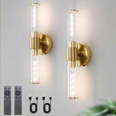 Imagem de HONGREN Conjunto De Duas Arandelas Parede Operadas Por Bateria, Vidro Dourado, Recarregáveis Com Controle Remoto, Luzes Led Reguláveis Para Sala Estar E Corredor (Pacote 2)
