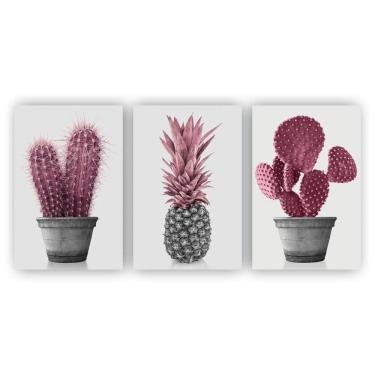 Imagem de Kit Placas Quadro Decorativos 3Peças 60X40 Floral Cacto Rosa