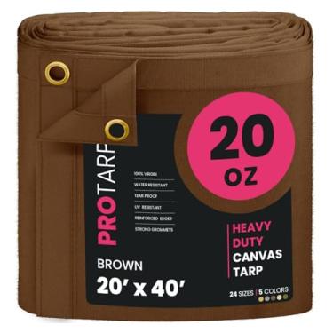 Imagem de PROTARP Lona de lona resistente à água de 590 ml, capa de lona resistente a UV com ilhós de latão à prova de ferrugem, multiuso para dossel, telhado, acampamento, pilha de madeira (marrom 20'X40')