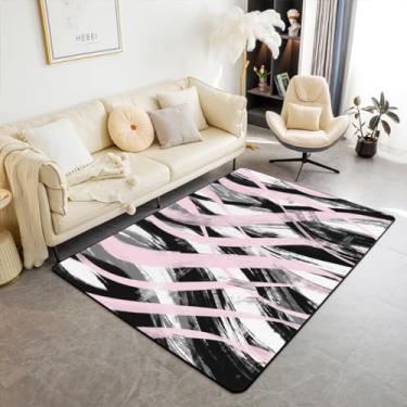 Imagem de Feelyou Tapetes para sala de estar com listras pretas rosa 12 x 18 cm, tapete geométrico, para meninos, arte listrada moderna, tapete de chão para interior, antiderrapante, arte abstrata, tapete