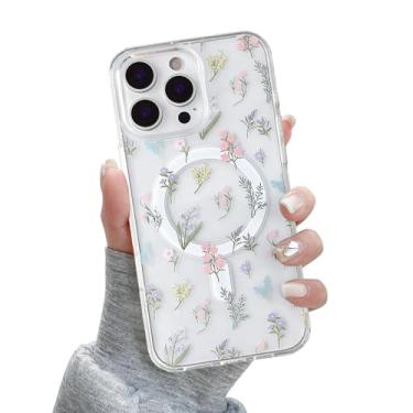 Imagem de QLTYPRI Capa magnética para iPhone 16 Pro Max compatível com Magsafe, linda flor floral estética capa de telefone fina transparente antiamarelamento à prova de choque para meninas e mulheres