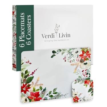 Imagem de Jogo americano de cortiça de Natal conjunto de 6 e porta-copos combinando (12 peças) - Tapetes resistentes ao calor 41 x 30 cm, fundo rígido, design de Natal de folhas e flores