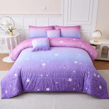 Imagem de Helloosun Conjunto de edredom solteiro, rosa e roxo, para meninas, galáxia, roxo, para crianças, meninas, adolescentes, decoração de cama de quarto