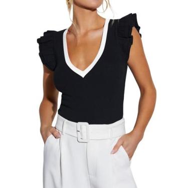 Imagem de Camisa feminina BONITEE, sexy, decote em V, manga com babados, preta