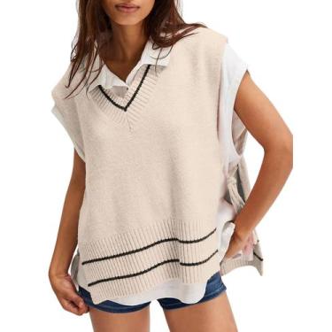 Imagem de Colete feminino Meyhad com decote em V, poncho de malha solta, bege